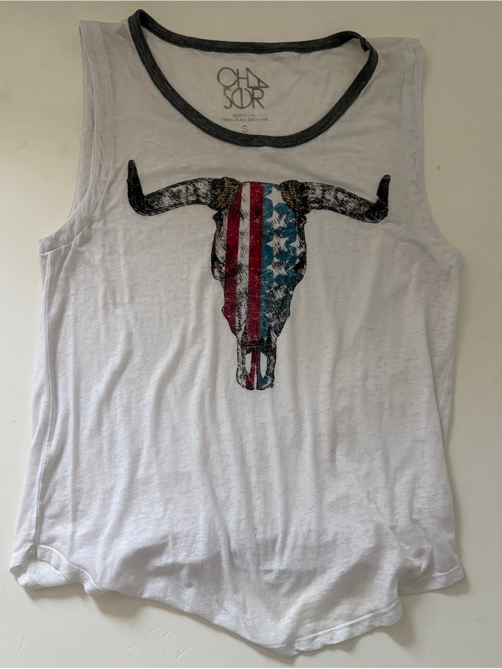 Chaser White Tank with American Flag Longhorn Skull